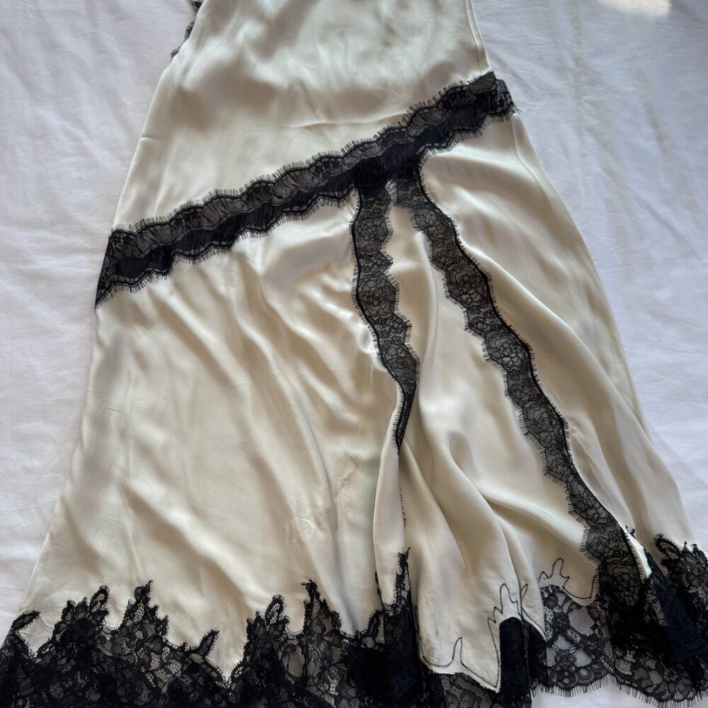 Helsa Silk Satin Ivory Maxi Slip Dress with Black Lace Trim - Picture 3 of 4
